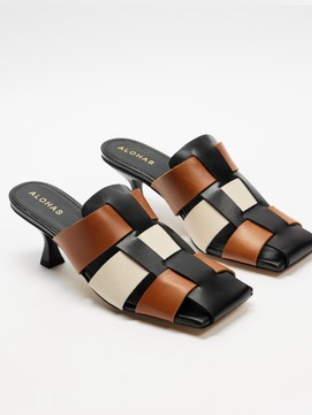 Alohas leather mules Black, Tan & Cream Strappy Kitten Heel Slide